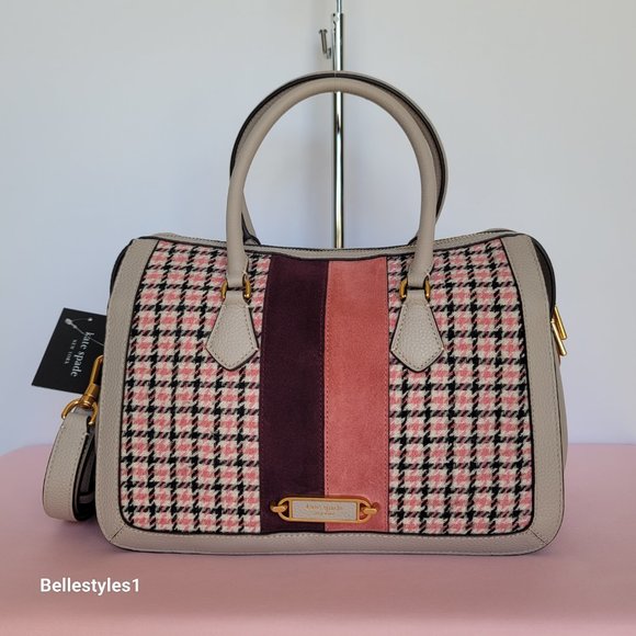 KATE SPADE Gramercy Racing Stripe Plaid Twill Medium Satchel-Mushroom Multi ⭐ - Picture 5 of 16